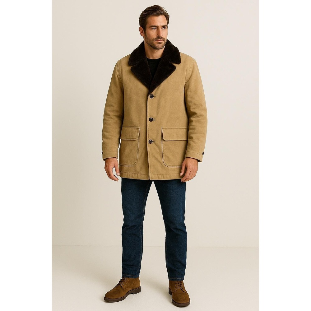 Vintage‎ Sears The Mens Store Corduroy Long Jacket Mens 42R Tan Faux Fur Collar
